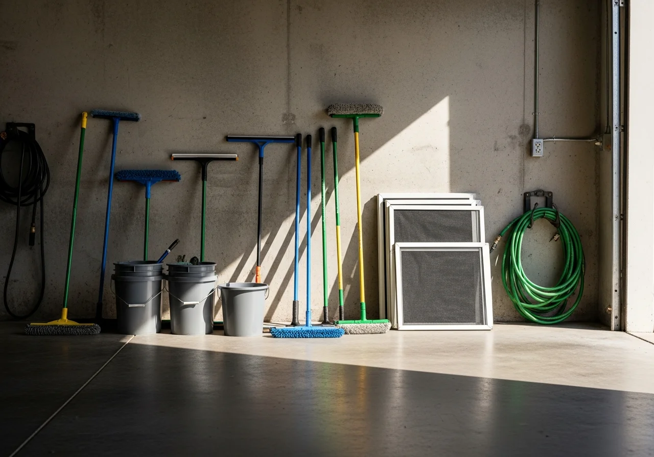 Professional window cleaning tools and equipment ready for service, showcasing the detail-oriented approach to residential window care.