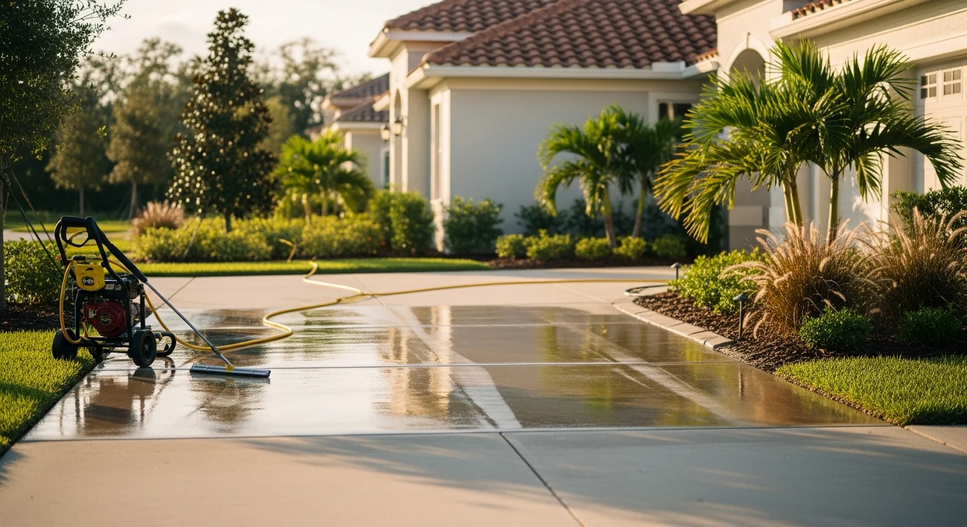 Clean driveway and patio after professional pressure washing