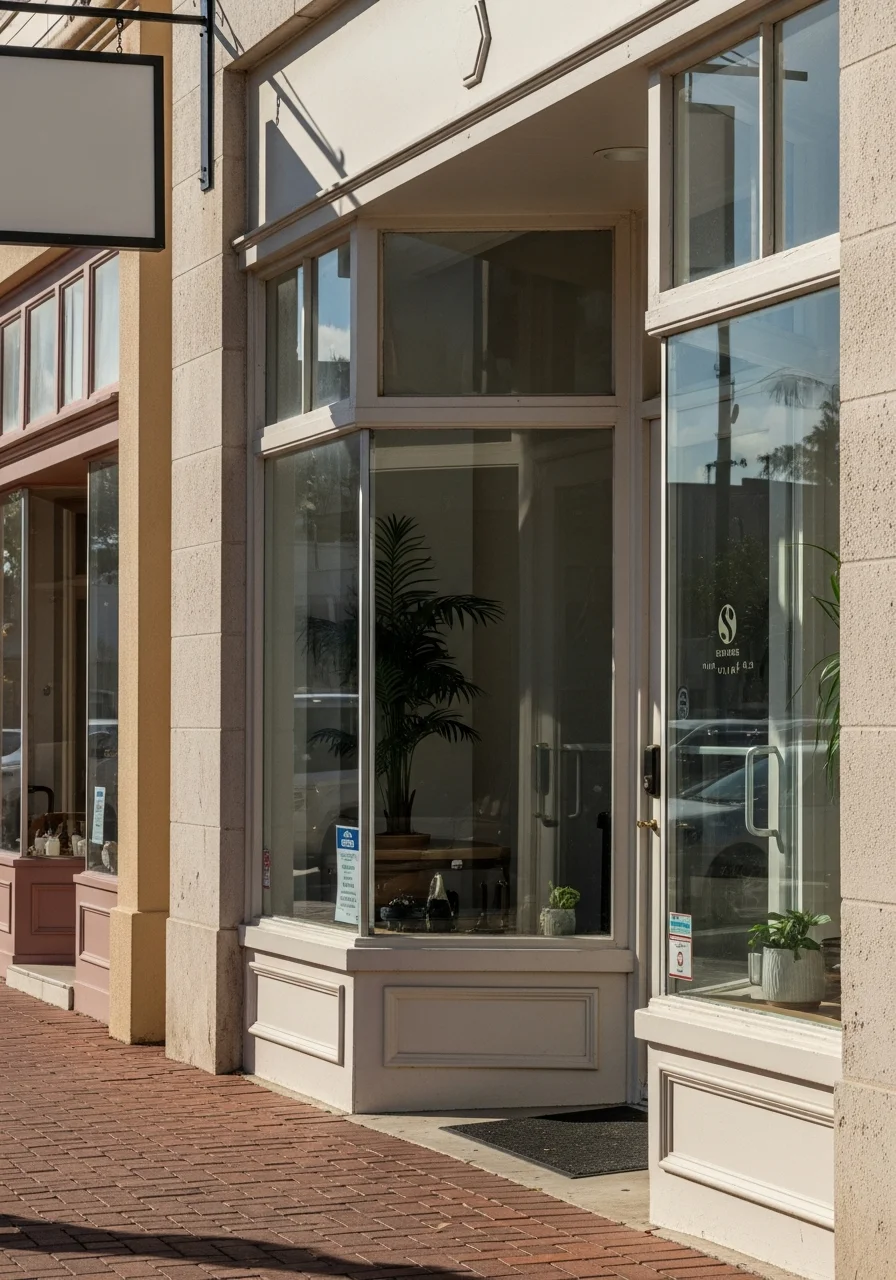 Venice downtown storefront with grid-pattern street and established commercial property, showing urban service capability.