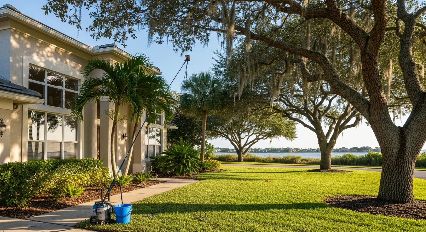 Coastal Venice home with mature landscaping and Gulf-view architecture, representing year-round residential and seasonal property service.