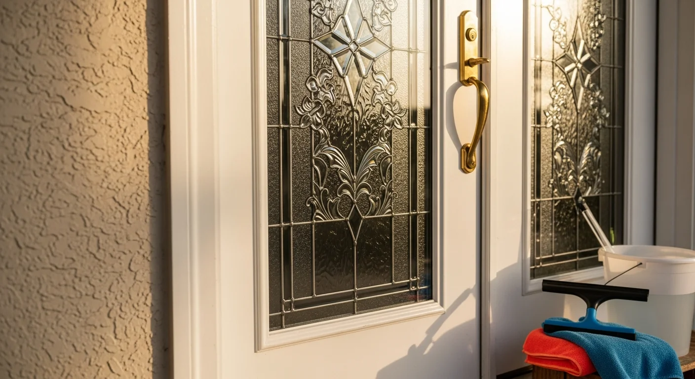 A technician from BR Window Cleaning carefully cleaning a decorative etched glass panel on a Venice home exterior. The finished glass shows clear detail and no salt haze against a coastal background.