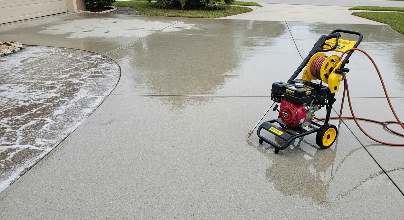 A concrete residential driveway in Venice, CA after professional pressure washing, showing clean, evenly colored concrete free of salt staining, oil marks, and organic growth. A pressure washing wand is visible mid-clean on the left side of the driveway surface.