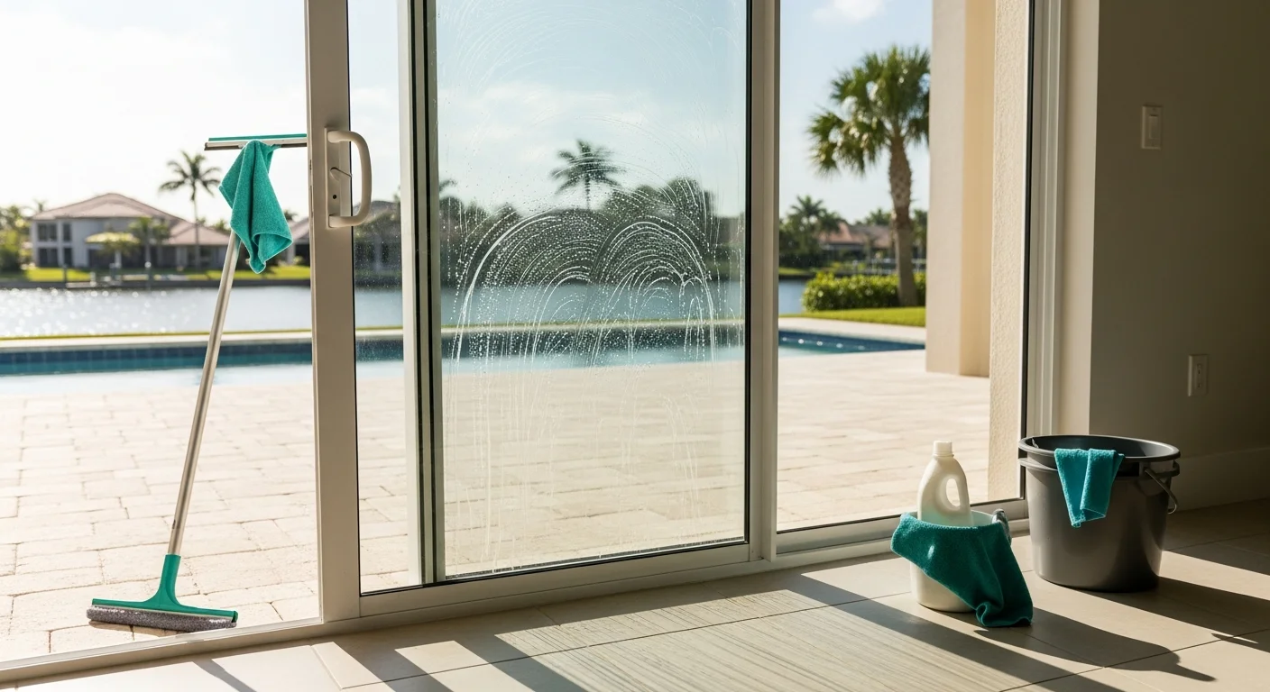 A technician from BR Window Cleaning wiping down a large glass sliding door on a Venice, CA residential property, with the clean glass panel reflecting clear coastal light. The slider track and frame are visible, free of salt residue and debris.