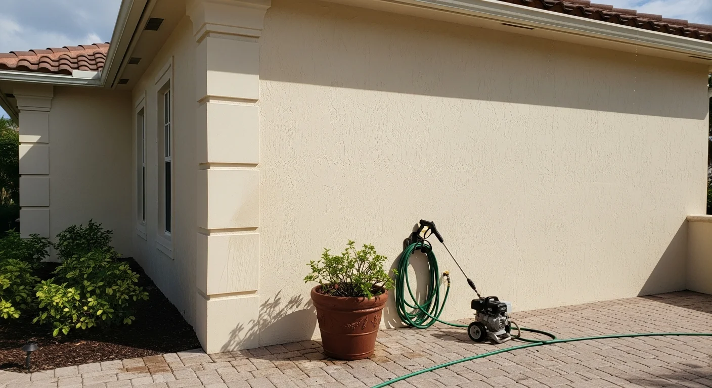 A Venice, CA house exterior after professional pressure washing, showing clean stucco siding and eaves free of salt residue, mold streaks, and coastal grime. The home's painted surface appears restored and evenly colored under bright coastal light.