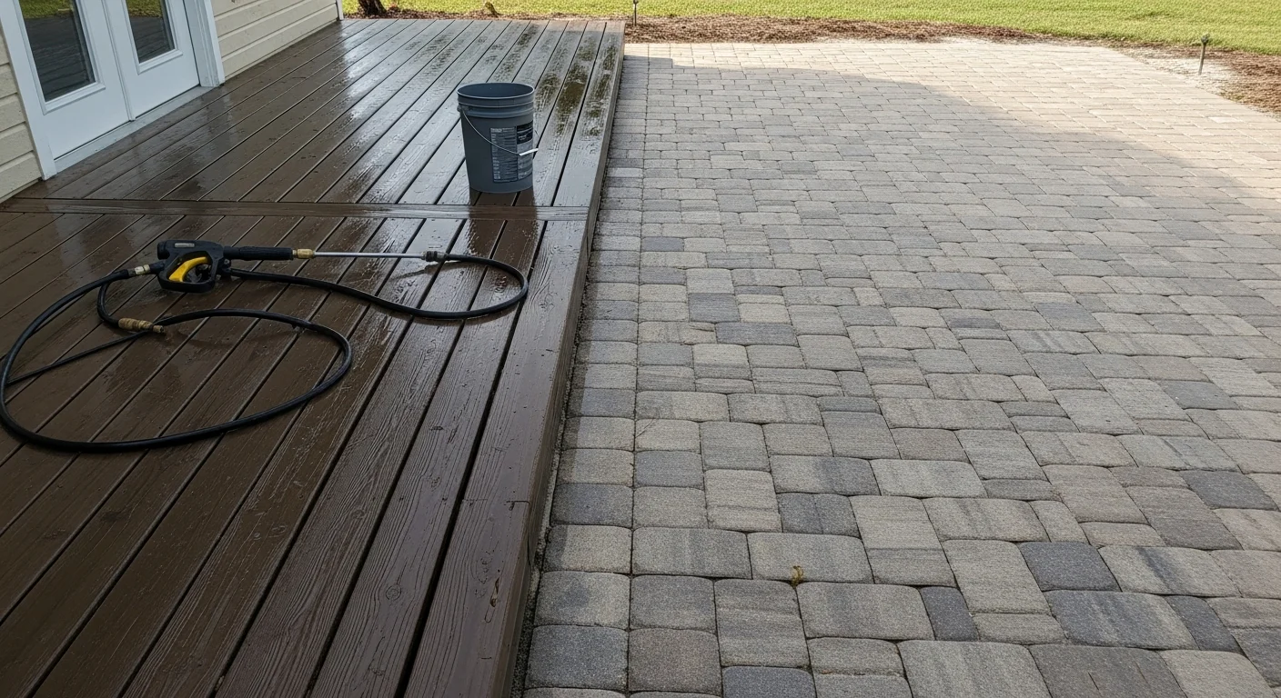 A Venice, FL residential patio with pavers and a wood deck after professional pressure washing, showing clean surfaces free of algae and mildew staining. The outdoor space is dry, bright, and ready for use.