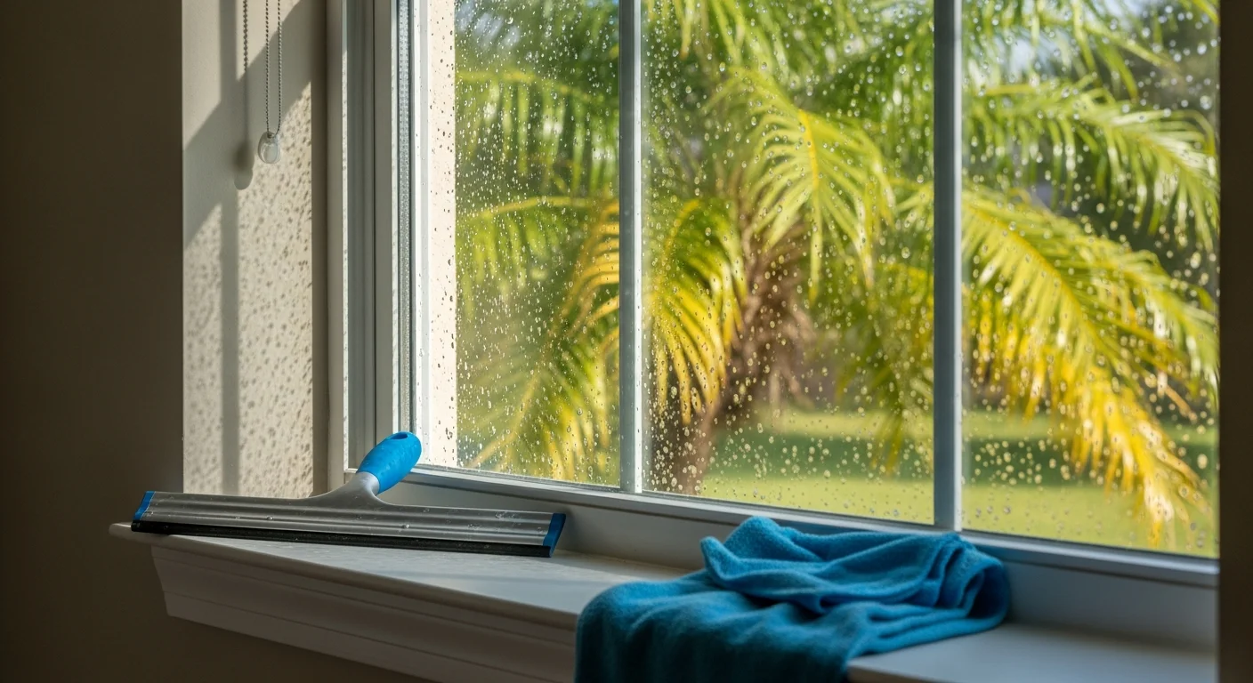 A window cleaner removing post-construction paint residue and adhesive from a newly installed glass pane on a residential property in Venice, CA. The cleaned glass reflects clear blue sky with no streaks or debris visible on the interior or exterior surface.