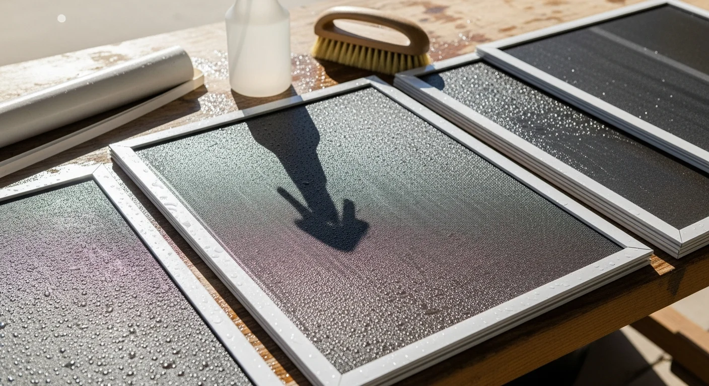 A window screen being hand-washed and inspected on a residential property in Venice, CA, with the frame laid flat and mesh visibly cleared of salt and grime buildup. A technician checks the spline and corner fittings before reinstalling the screen in a coastal-style home window.