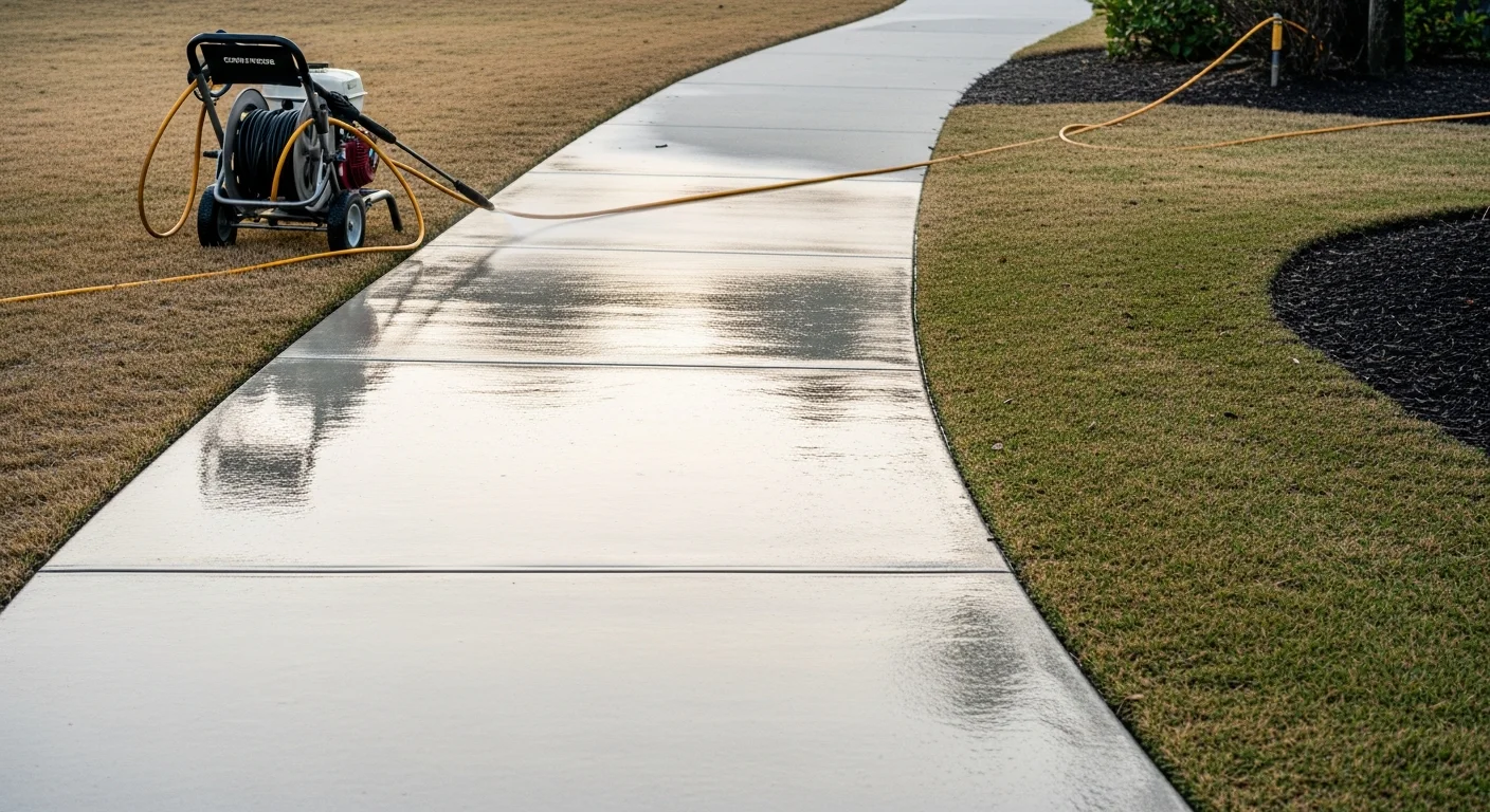 A pressure washer cleaning a concrete walkway at a Venice, CA residential property, showing a clear line between the dark algae-stained surface and the freshly cleaned concrete. Salt-air grime and green discoloration are being removed from the path leading to a coastal home's front entry.