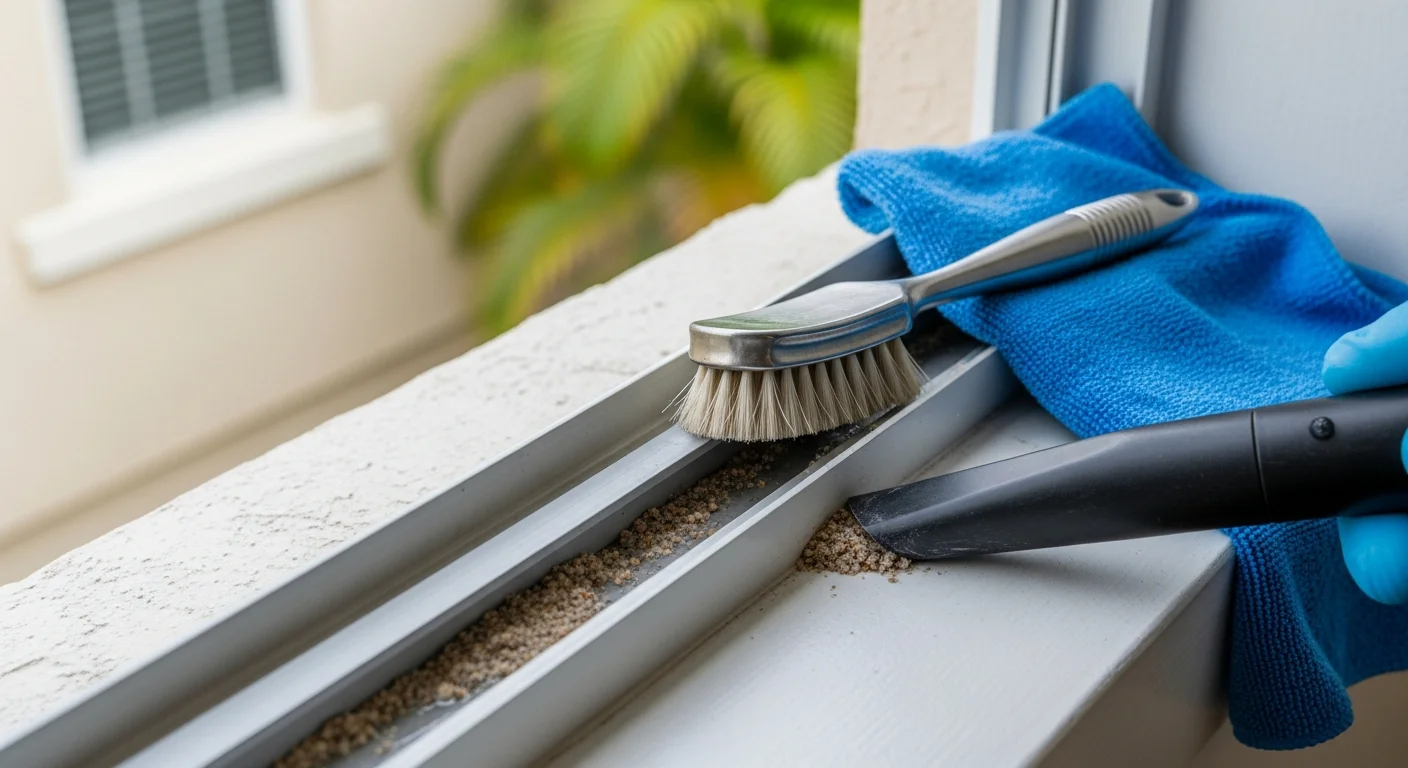 Close-up of a clean window track and white frame on a Venice, CA home, with no visible salt residue, grit, or debris in the grooves. The sliding window sits flush in the track with the Pacific coastal exterior visible through the glass.