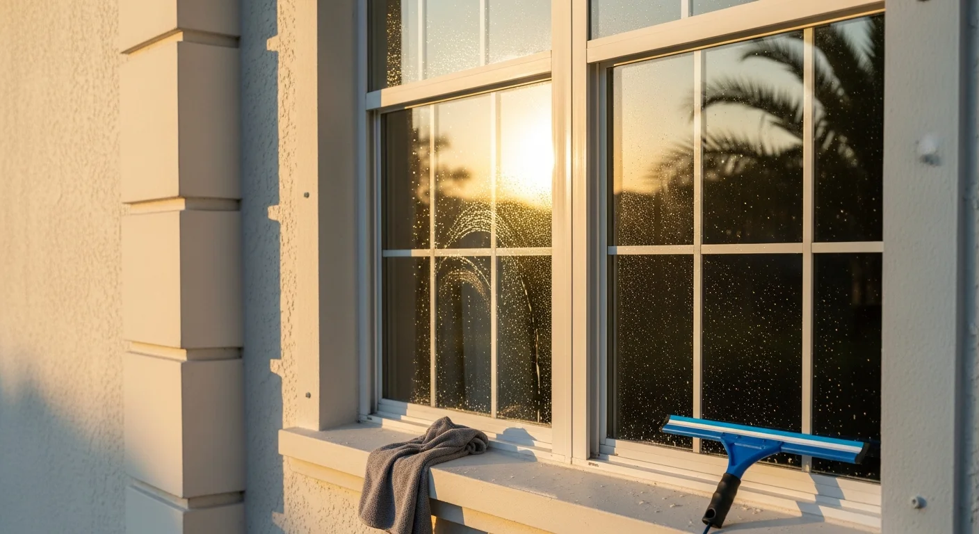 A window cleaner washing the exterior glass of a Venice, CA bungalow, with clean streak-free panes reflecting the coastal neighborhood. The interior side of the same window is visible through the glass, showing a bright, clear view from inside the home.
